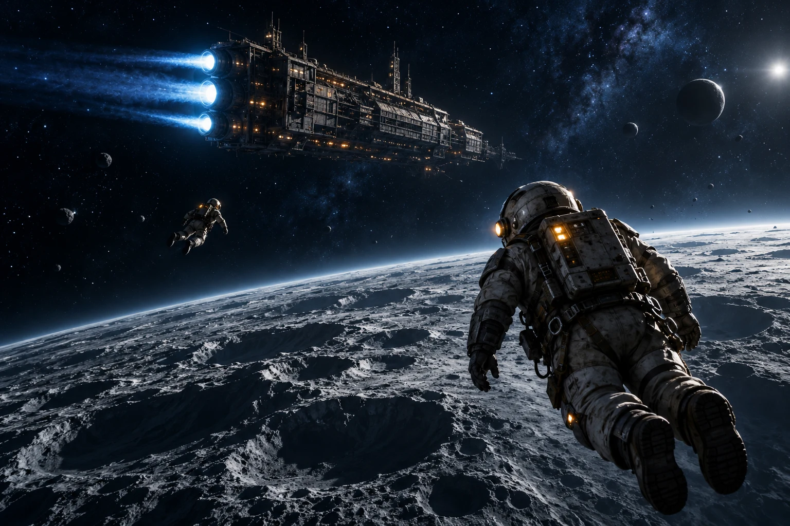 Two astronauts adrift above a barren planetoid as an automated prison ship departs