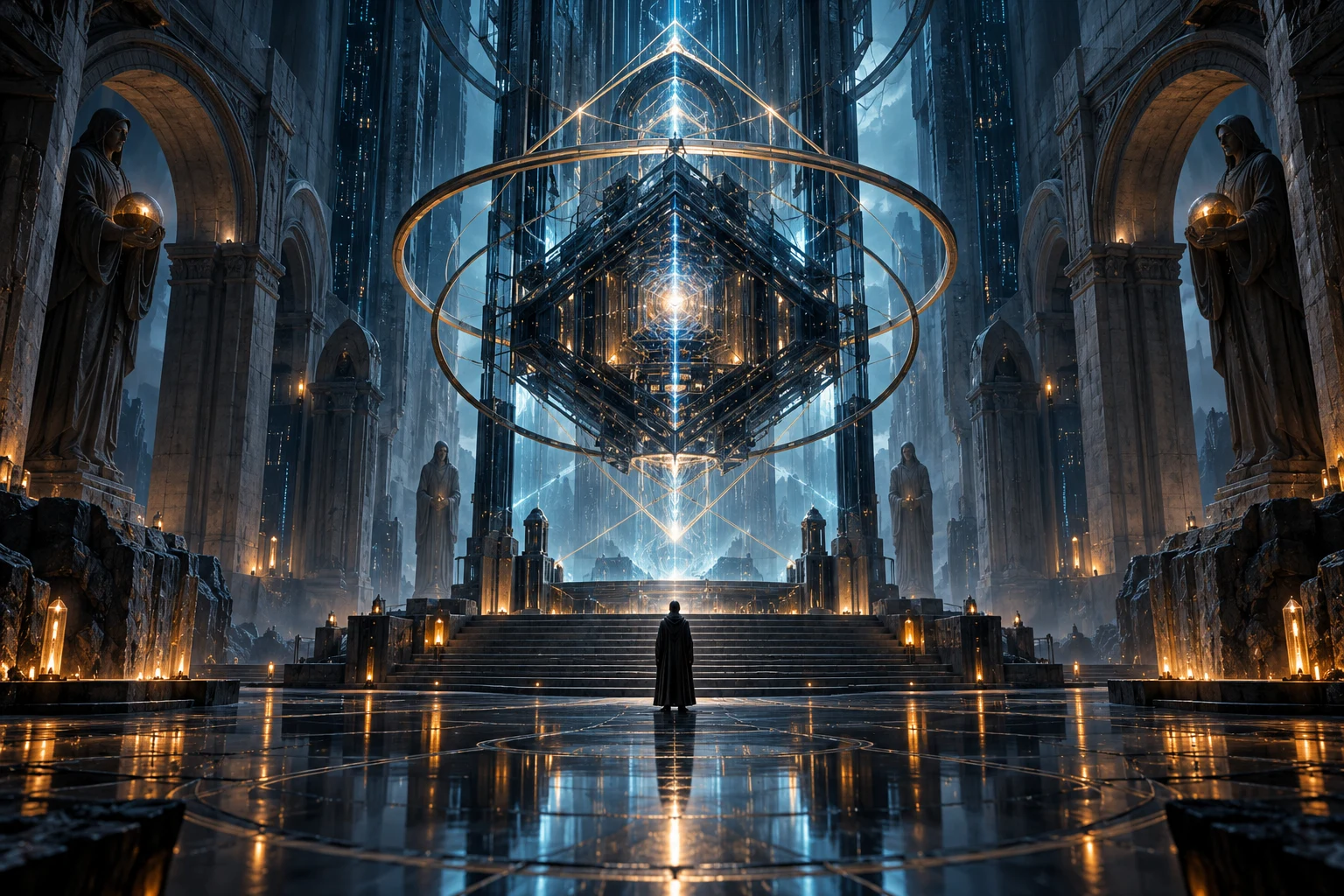 A lone interpreter faces a luminous quantum oracle inside a vast futuristic temple