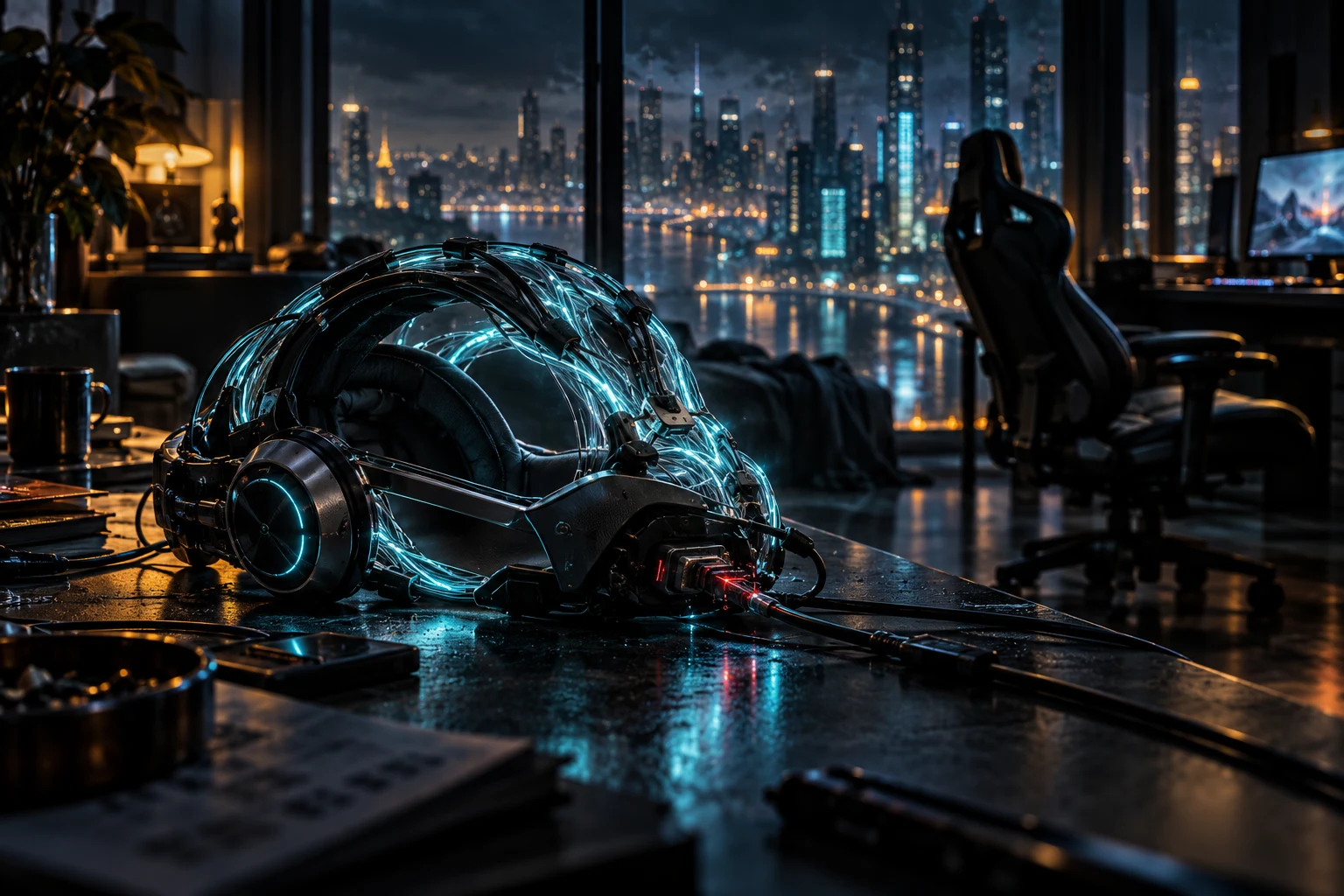 A neural gaming helmet glows with blue light in a dark apartment